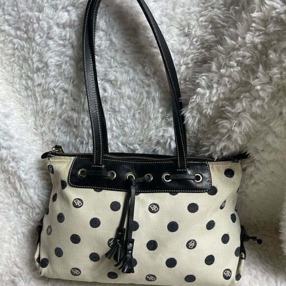 Dooney & Bourke off white & black polka dots shoulder bag ,black leather trims - Picture 1 of 16